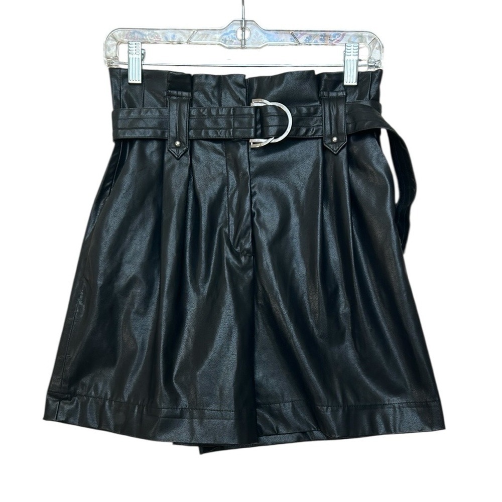 Zara Black Faux Leather Paper Bag Shorts Belted High Waisted Pleated Classy XS